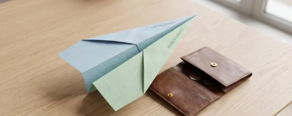 Deux contrats d'assurance se transformant en avion en papier sur une table en bois, à côté d'un porte-monnaie ouvert.