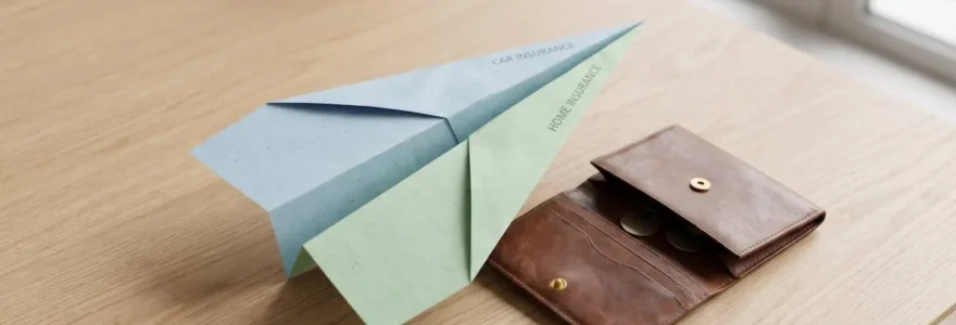 Deux contrats d'assurance se transformant en avion en papier sur une table en bois, à côté d'un porte-monnaie ouvert.